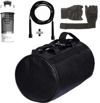 

5 O'Clock Sports Black Leather Gym Bag , Black Skipping Rope Gym Gloves and Black cyclone shaker Shaker Bottle Combo Pack For Men|Women A Must Have Gym Bag Combo Kit For Boy's Girl's Fitness . Gym & Fitness Kit