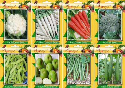 

Airex Cauliflower, Radish, Red Carrot, Broccoli, Lobia, Ridge Gourd, Cucumis and Round Gourd Vegetables Seeds (Pack of 15 Seeds * 8 Per Packet) Seed(15 per packet)