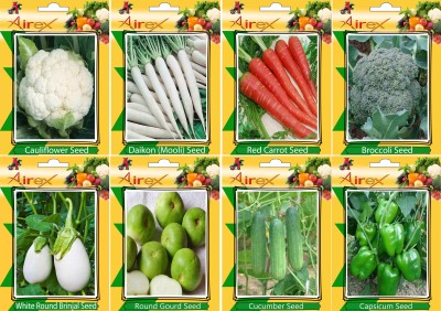 Airex Cauliflower, Radish, Red Carrot, Broccoli, Cucumber, Green Capsicum, White Round Brinjal and Round Gourd Vegetables Seeds (Pack of 15 Seeds * 8 Per Packet) Seed(15 per packet)