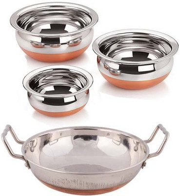 

Jalpan Cookware Combo - Kadhai 2 Liter - with - Serving HANDI 3 Pcs Set. 550ml, 750ml, 1250ml. "Copper Bottom” Chetty Pan 20 cm diameter(Stainless Steel), Silver