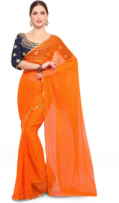 Ratnavati Embroidered, Embellished Fashion Chiffon Saree(Dark Blue, Orange)