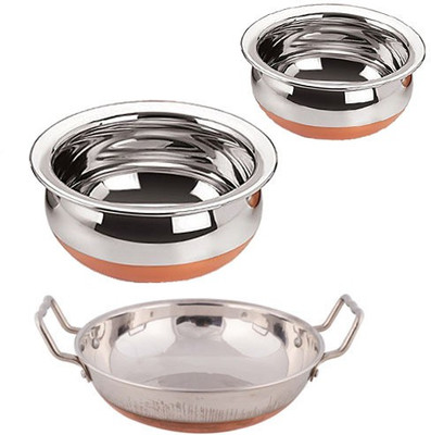 

Jalpan KADHAI 2 Liter - COPPER BOTTOM - with - Serving HANDI 2 Pcs. - Copper Bottom - 1900ml, 2500ml. Kadhai 20 cm(Stainless Steel), Silver