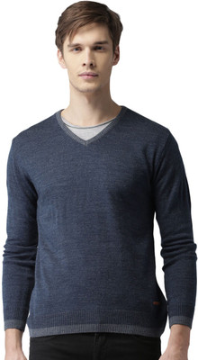 Mast & Harbour Solid V Neck Casual Men Dark Blue Sweater