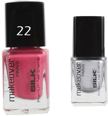 

Makeover Professional Nail Paint Glaze Pink Voltage-22 , Nail Paint Hot Silk Silver-14 Multi(Pack of 2)