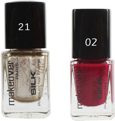 

Makeover Professional Nail Paint Hot Silk Golden-21 , Nail Paint Hot Red-02 Multi(Pack of 2)