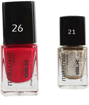 

Makeover Professional Nail Paint Cherry Red-26 , Nail Paint Hot Silk Golden-21 Multi(Pack of 2)