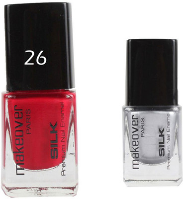 

Makeover Professional Nail Paint Cherry Red-26 , Nail Paint Hot Silk Silver-14 Multi(Pack of 2)