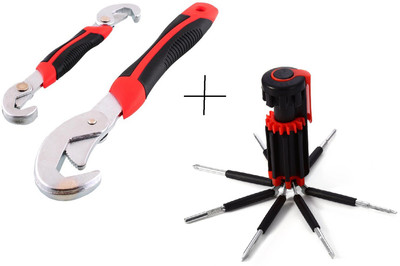 

SNAP N GRIP Adjustable Universal Wrench WITH 8 in 1 Tool Multifunction LED Flashlight COMBO Double End Screwdriver set(Pack of 2), Black;red