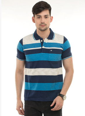 Western Vivid Striped Men Polo Neck Blue T-Shirt