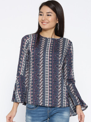 Sera Casual Bell Sleeve Printed Women Blue Top