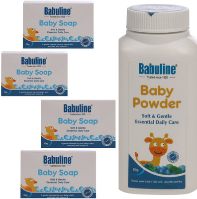 

Babuline Baby Soap Value Pack Of 4 - 50 gm with Free Mini Powder For Baby(White)