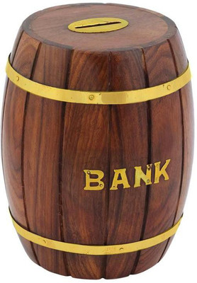 

Craft Art India Decorative Handmade Wooden Money Bank/Piggy Bank/Coin Bank in Barrel Shape {CAI-HD-0275-A/Size(Inch):5x4x4} Coin Bank(Brown)