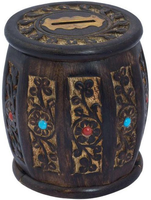 

Craft Art India Decorative Handmade Wooden Money Bank/Piggy Bank/Coin Bank in Barrel Shape with Carving {CAI-HD-0272/Size(Inch):4.8x4x4} Coin Bank(Multicolor)