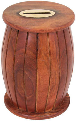 

Craft Art India Decorative Handmade Wooden Money Bank/Piggy Bank/Coin Bank in Dholak Shape {CAI-HD-0321/Size(Inch):5.5x3.7x3.7} Coin Bank(Brown)