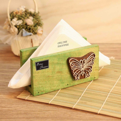 

Onlineshoppee 1 Compartments Butterfly Engraved Block wood Napkin Holder(Green)