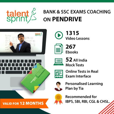 

TalentSprint IBPS, SBI, CGL & CHSL Exams Coaching on Pendrive (Valid for 12 months) - 1315 Videos, 267 Ebooks, Daily Tests, 52 All India Mock Tests and more(Pendrive)