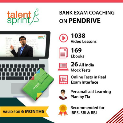 

TalentSprint IBPS, SBI Exams & RBI Coaching on Pendrive (Valid for 6 months) - 1038 Videos, 169 Ebooks, Daily Practice Tests, 26 All India Mock Tests and more(Pendrive)