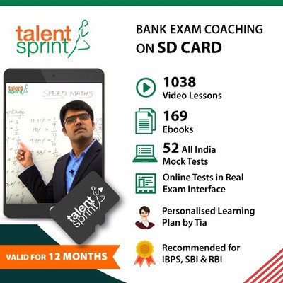 

TalentSprint IBPS, SBI Exams & RBI Coaching on SD Card (Valid for 12 months) - 1038 Videos, 169 Ebooks, Daily Practice Tests, 52 All India Mock Tests and more(SD Card)