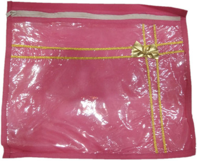 

Shreeji Decoration Cover Bag Plain 12 Pcs Pink Saree Dress Bedsheet With Golden Bow & Stripes Packaging Plastic Zip(Pink)