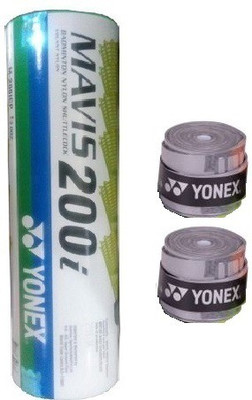 

Yonex Combo of 3 One Box of 'Mavis 200i' Nylon Shuttle cock (Pack of 6) and Two 'E Tech 903' Badminton Grip (Color on availability)- Badminton Kit