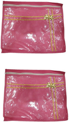

Shreeji Decoration Cover Bag Plain 24 Pcs Pink Saree Suit Dress Bedsheet With Golden Bow & Stripes Packaging Plastic Zip(Pink)