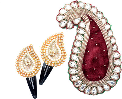 

Pretty Ponytails Ethnic Paisley Hair Clip Gift Set of 3 Maroon Red Gold White Hair Clip(Gold, Red, Pink)