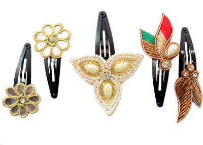 

Pretty Ponytails Wedding Hair Accessory Pearl Gold Gota Zardozi Hair Clip Gift Set of 5 Gold White Red Tic Tac Clip(Multicolor)