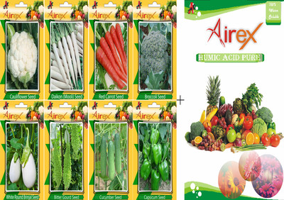 

Airex Cauliflower, Radish, Red Carrot, Broccoli, Cucumber, Green Capsicum, White Round Brinjal and Bitter Gourd Vegetables Seeds + Humic Acid Fertilizer (For Growth of All Plant and Better Responce) 15 gm Humic Acid + Pack Of 20 Seeds * 8 Per Packet Seed(