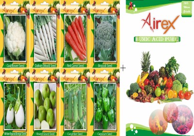 Airex Cauliflower, Radish, Red Carrot, Broccoli, Cucumber, Green Capsicum, White Round Brinjal and Round Gourd Vegetables Seeds + Humic Acid Fertilizer (For Growth of All Plant and Better Responce) 15 gm Humic Acid + Pack Of 20 Seeds * 8 Per Packet Seed(20 per packet)