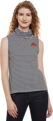 Miss Chase Casual Sleeveless Striped Women White, Black Top