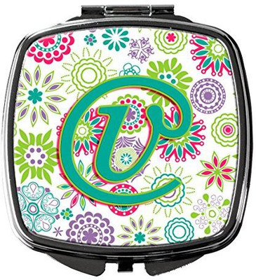 

Caroline's Treasures CJ2011-VSCM Letter V Flowers Pink Teal Green Initial Compact Mirror