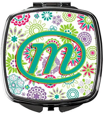 Caroline's Treasures CJ2011-MSCM Letter M Flowers Pink Teal Green Initial Compact Mirror
