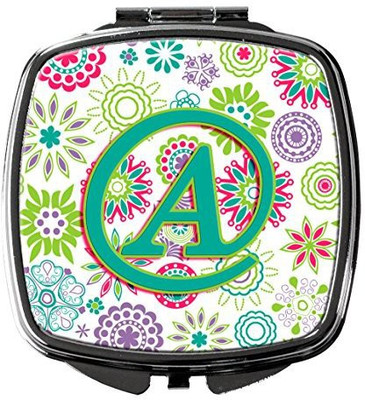 Caroline's Treasures CJ2011-ASCM Letter A Flowers Pink Teal Green Initial Compact Mirror