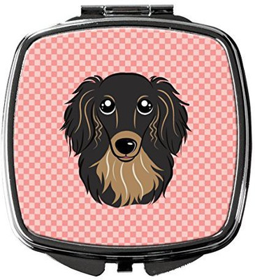 

Caroline's Treasures BB1213SCM Checkerboard Pink Longhair Black And Tan Dachshund Compact Mirror