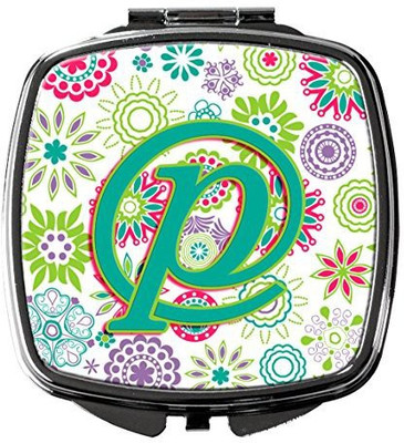 

Caroline's Treasures CJ2011-PSCM Letter P Flowers Pink Teal Green Initial Compact Mirror