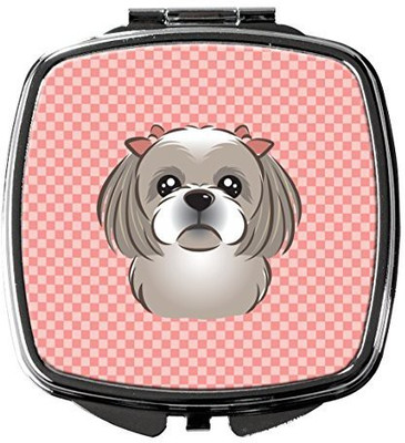 

Caroline's Treasures BB1250SCM Checkerboard Pink Gray Silver Shih Tzu Compact Mirror