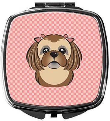 

Caroline's Treasures BB1249SCM Checkerboard Pink Chocolate Brown Shih Tzu Compact Mirror