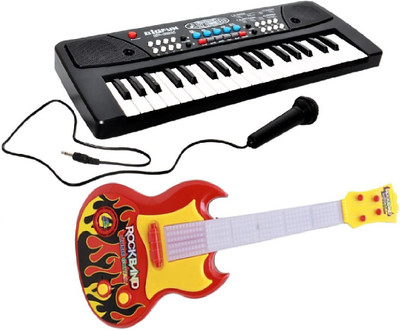 

New Pinch Combo of 37 Key Piano Keyboard Toy with DC Power Option, Recording and Mic with Musical Guitar With Light And Sound for kids(Multicolor)