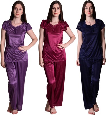 SENSLIFE Women Solid Purple, Dark Blue, Pink Top & Pyjama Set