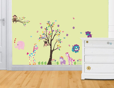 Asmi Collections 170 cm Cute Animals Birds and Butterfly Around a Tree Removable Sticker(Pack of 1)