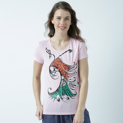 HUETRAP Graphic Print Women Round Neck Pink T-Shirt