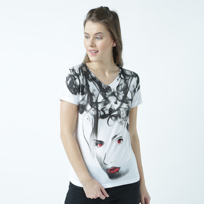 HUETRAP Graphic Print Women V Neck White T-Shirt