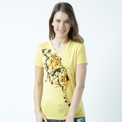 HUETRAP Graphic Print Women V Neck Yellow T-Shirt