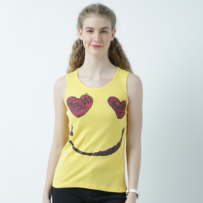 HUETRAP Casual Sleeveless Graphic Print Women Yellow Top