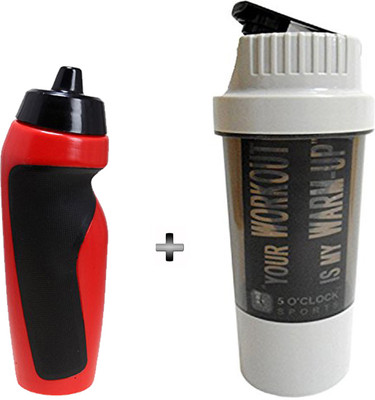 5 O' Clock Sports Cyclone shaker bottle and Pichku style shipper Bottle Combo 600 ml Shaker(Pack of 2, White), White & red