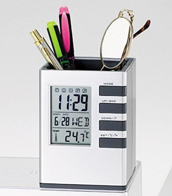 

CARE 4 1 Compartments PLASTIC SIVER PEN HOLDER WITH DIGITAL CLOCK(Silver)