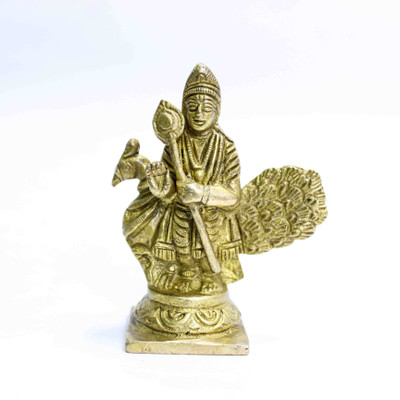 THE HOLY MART Pure Brass Murgan/ Kartikeya deities (8 cm high) | Hindu God idol Shiva family Decorative Showpiece - 8 cm(Brass, Gold)