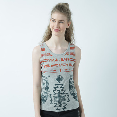HUETRAP Casual Sleeveless Graphic Print Women Grey Top
