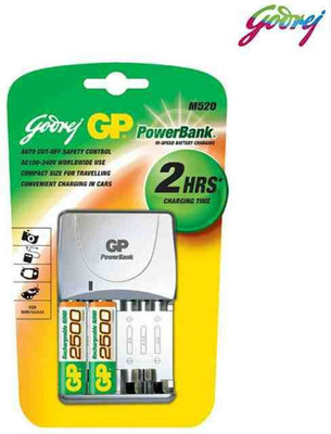 

Godrej GP Powerbank M520 Fast Charger with 2xAA 2500mAh Batteries Camera Battery Charger(White, Green)