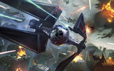 

Aabhaas Wall Poster Star-Wars-TIE-Interceptor-battle-X-wing-city-artwork Paper Print(12 inch X 18 inch, Rolled)